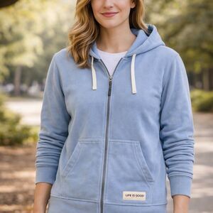 Life is Good Hoodie Womens XL Blue Full Zip Drawstring Hood Logo Pocket